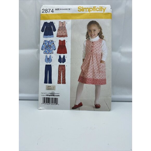 Simplicity 2874 Sewing Pattern Girls Dress Jumper Top Pants Vest 3-8 Cut 2008 - Picture 1 of 3